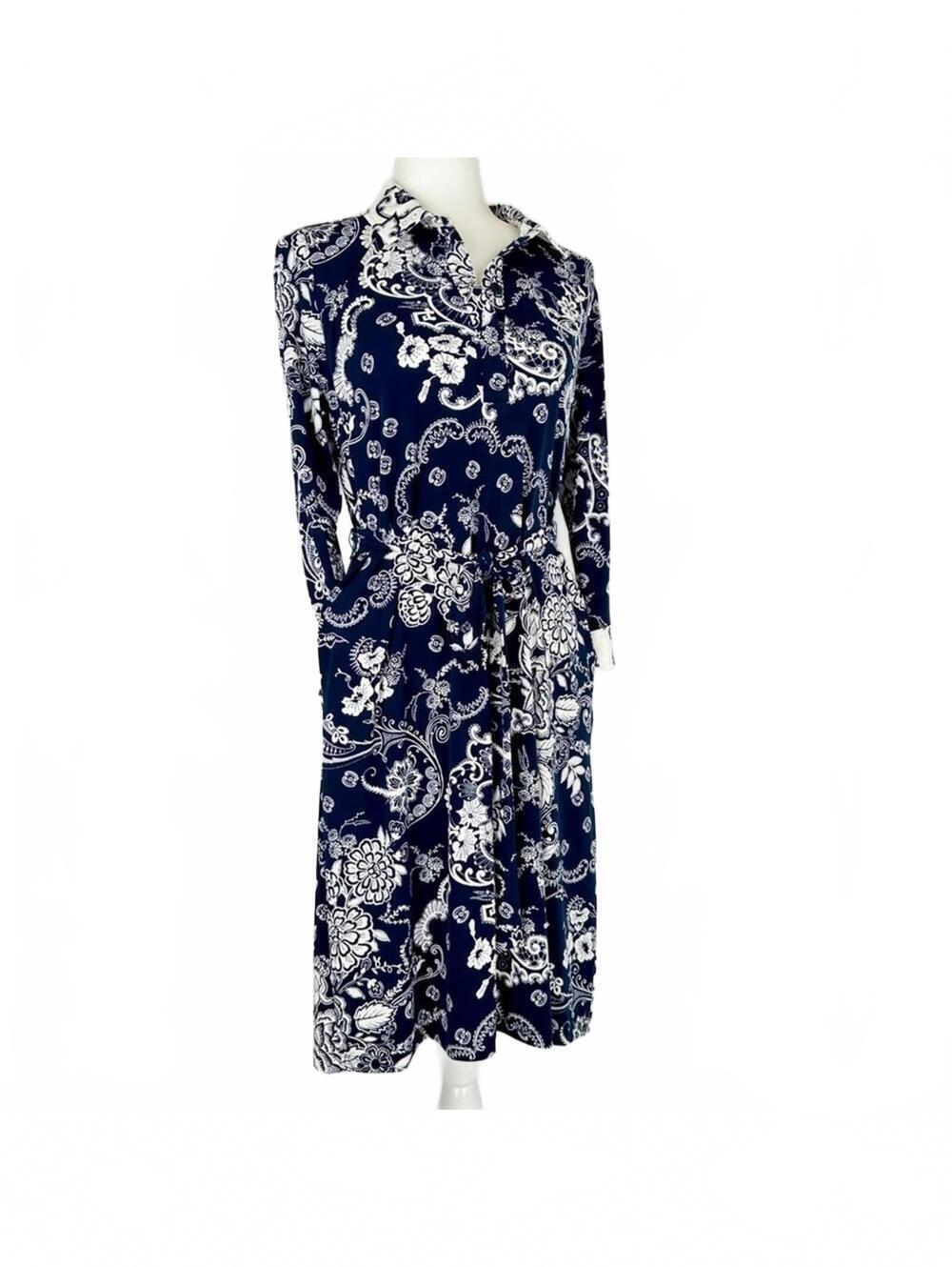 Chico's Popover Belted Navy & White Floral Dress Size: 0 - Small Size 4-6